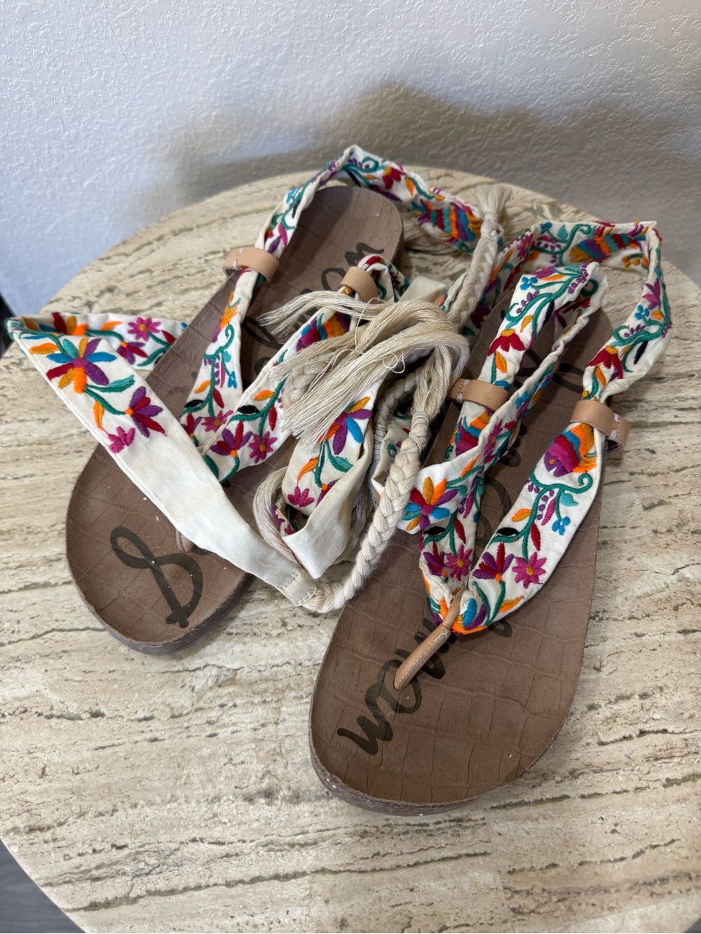 Sam Edelman Floral Embroidered Wrap Sandals - Cream with Multicolor Embroidery